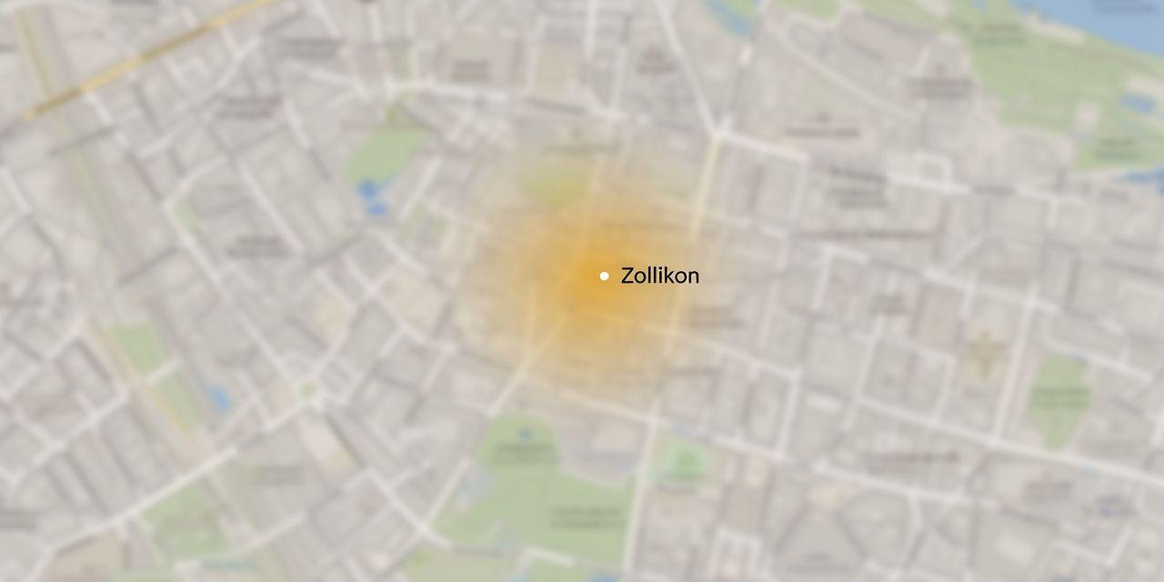 Stadtkarte von Zollikon mit markierter Lage an der Wybüelstrasse 22 und ruhigen Wohnstrassen rundherum