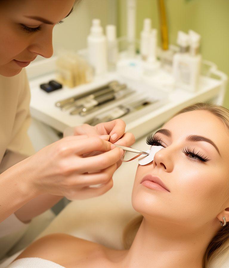 Lash stylist applying eyelash extensions in a bright Zollikon treatment room with tidy tools and soft neutral décor