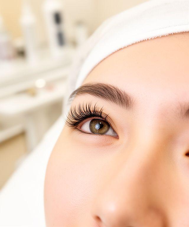 Nahaufnahme eines Vorher-Nachher-Wimpernvergleichs in hellem Studio mit sauberer Behandlungsliege
