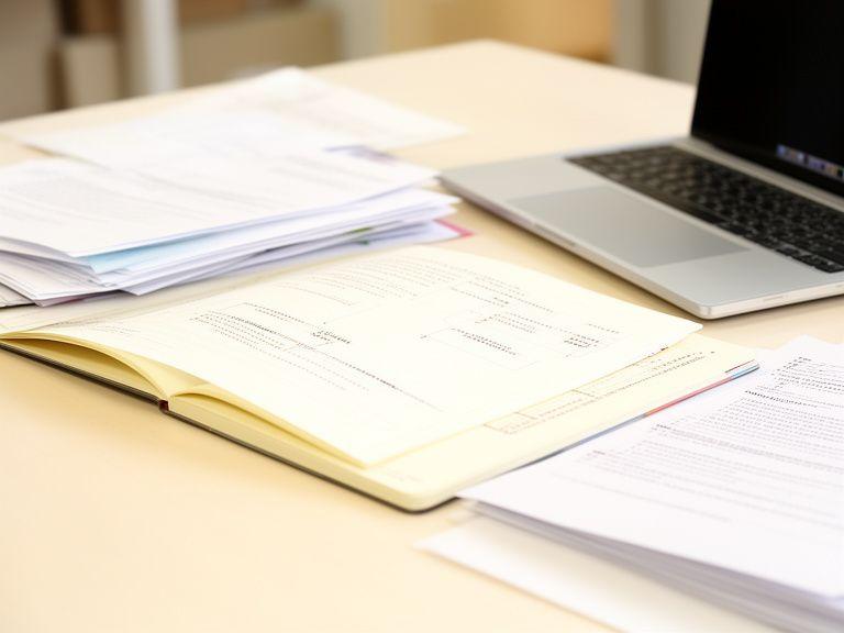 Nahaufnahme von geordneten Datenschutzunterlagen, Notizbuch und Laptop auf einem hellen Arbeitstisch