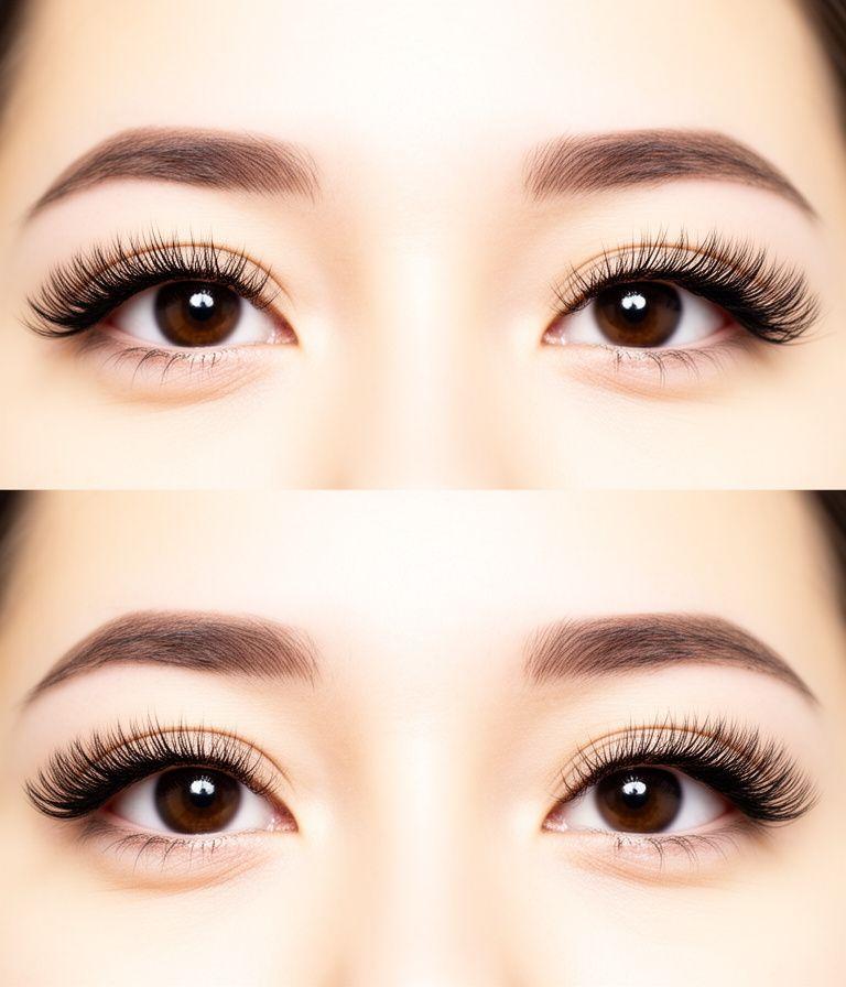 Side-by-side Vorher-Nachher-Hybrid-Lashes mit unterschiedlicher Dichte und natürlicher Krümmung